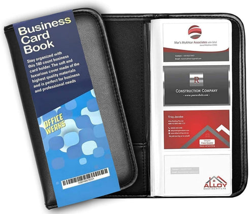 Office Werks Professional Business Card Book Holder Organizer, Black PU Leather Cover, Holds 160 Cards, Gift Card
