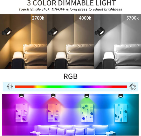 2 3 Dimmable 360 Adetu Pcs LED Wall Mounted Lights, RGB Wall Sconces Lamp with Rechargeable Battery Operated USB Port