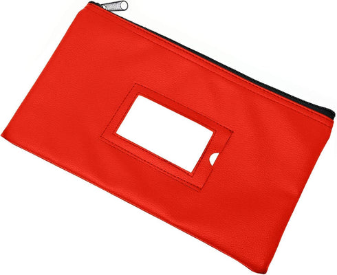 Money Bank Deposit Bag with Zipper, 11x6 inch, Red, Durable Leatherette Wallet Pouch with Framed ID Window