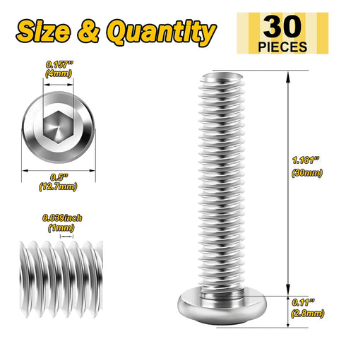 30Pcs M6 x 30mm M6 Screws, Flat Head Hex Socket Cap Screws, 304 Stainless Steel Furniture Screws by Mywish