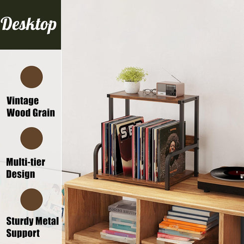 Office Desk Shelf Organizer, Wood Desktop Bookshelf Storage Rack, Stylish Vinyl Record Holder, Multi-functional for