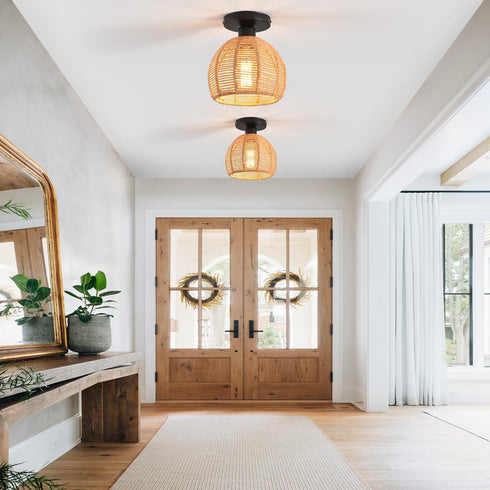 KENMI Hand-Woven Rattan Flush Mount Ceiling Light,Farmhouse Light Fixtures Ceiling Mount Boho for Hallway Bedroom