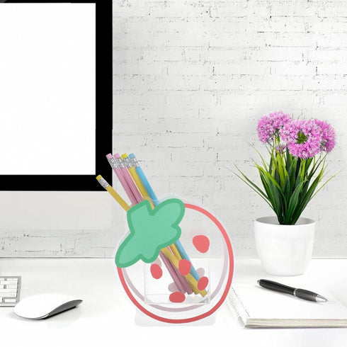 Strawberry Shaped Pen Holder - Cartoon Acrylic Pencil Cups for Office Desk Accessories, Pink