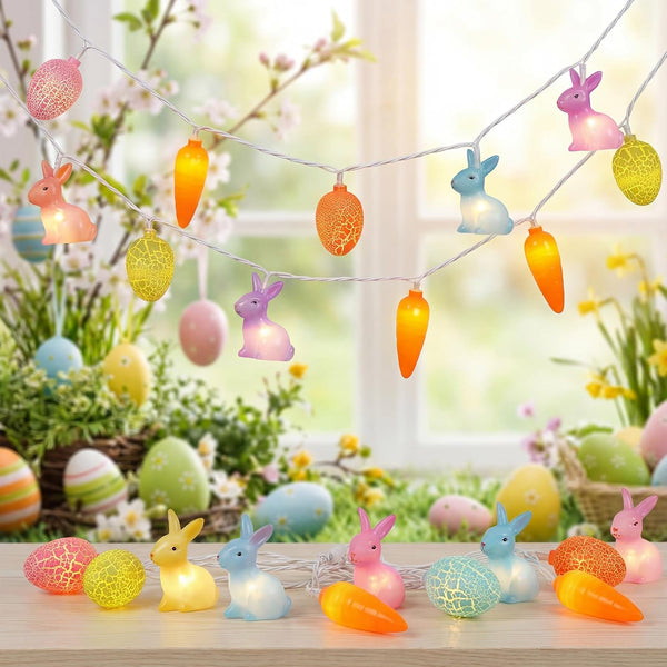 Multicolored Rabbit Cracked Egg and Carrot String Lights, 12FT LED Easter Fairy