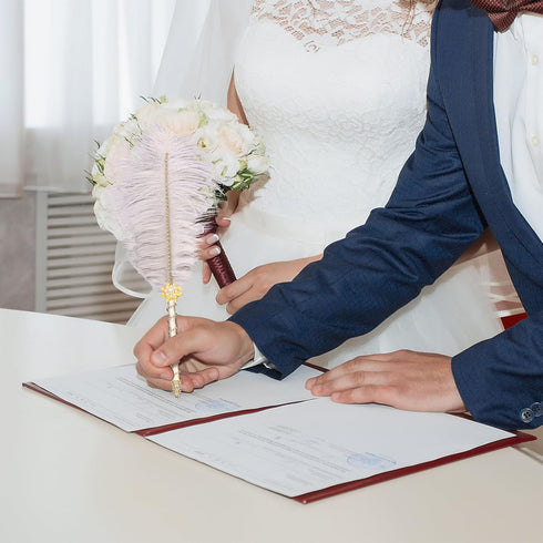 CROWN GUIDE Crystal Ostrich Feather Pen Quills for Wedding Guest Book Signing, 1920s Gatsby Reception Décor, White