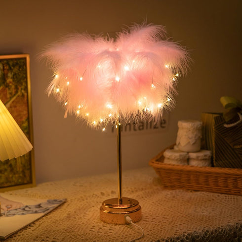 Pink Feather Lamp, LED Atmosphere Feather Night Lights, Bedside Lamps for Mother, Girlfriend, Home Girl Room