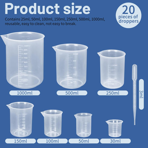 Twdrer 7 Sizes Plastic Beaker Set, Clear Measuring Graduated Liquid Container Beakers with 20 PCS Plastic Droppers