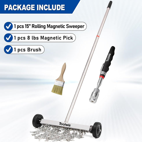 15" 10lbs, 8 lbs Toolwiz Rolling Magnetic Sweeper with Telescopic Magnetic Pick Up tools with LED light Telescoping