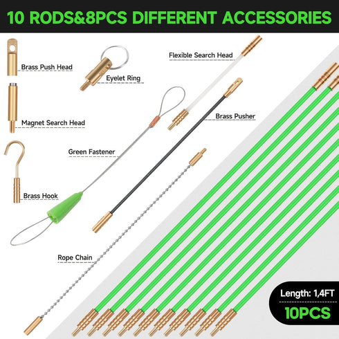 14FT Fiberglass Running Electrical Wire Cable Glow Rods, Fish Rods Electrical Kit with 8 Attachments and Fish Tape