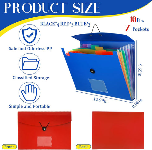 Glenmal 10 Pcs 7 Pocket File Folders, Expanding File Organizer with Labels, A4 Letter Size for Office (Red, Black, Blue)