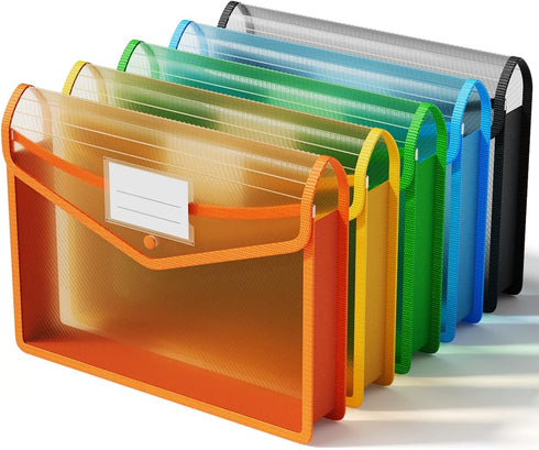 ThinkTex Plastic Expanding File Folder, Transparent Envelopes with Snap Closure, No Dividers, Assorted Colors, 5 Packs