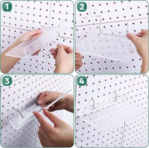 4 Set Pegboard Shelf - Clear Acrylic Shelf with Metal Hooks for Peg Board Organizer Accessories Storage in Craft Room