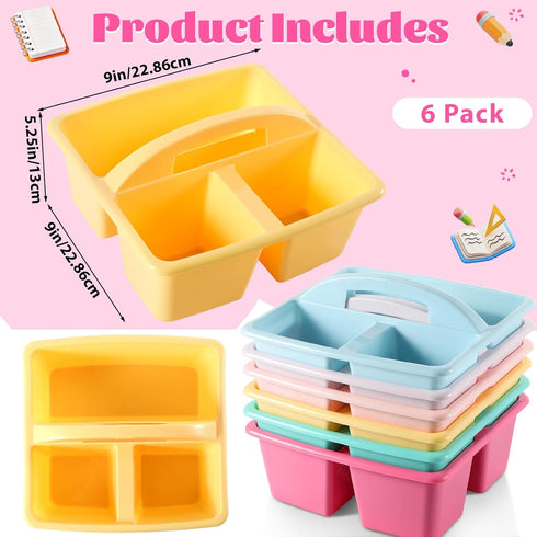 Yakydesign 6 Pack 3 Compartment Small Caddy Plastic Classroom Organizer with Handle Portable Teacher Supply Storage