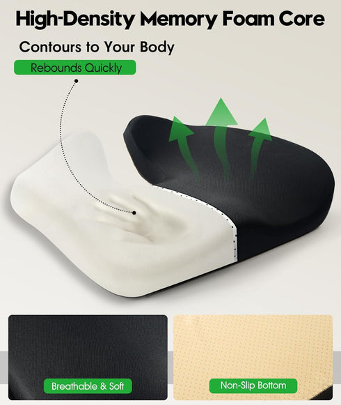 Irosiy Tailbone Premium Seat Cushion - Pressure Relief Cushion for Office Chair, Car, Wheelchair | Cool Gel Memory Foam