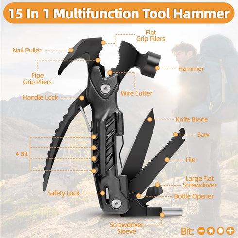 Father's Day Gifts - Hammer Multitool 15 in 1 for Men, Dad, Husband, Boyfriend - Camping Accessories Survival Gear with