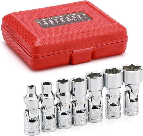 EMENTOL 7PCS 1/4" Drive Universal Joint Socket Set, 6 Point, SAE Flex Socket Set, Swivel Head