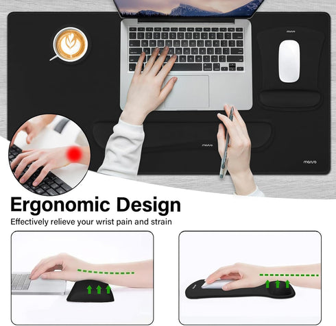 MOSISO Keyboard Mouse Pad Set, Large Gaming Mouse Pad with Wrist Rest & Coaster, Ergonomic Non-Slip Mousepad, Black