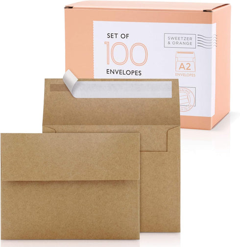 Sweetzer & Orange A2 Envelopes (100 with Box), Brown Self Seal Envelopes, Luxury 150gsm for Greeting Card and