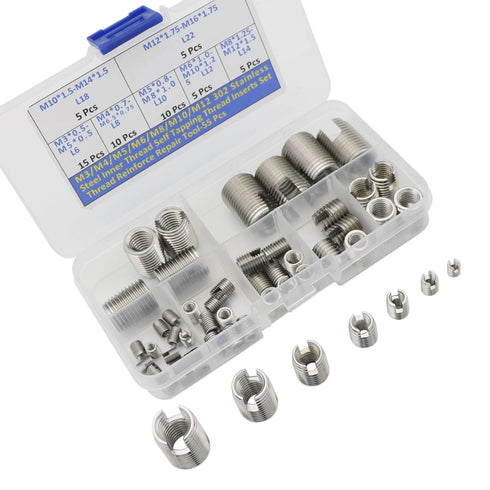 55 Pcs Threaded Inserts, M3 M4 M5 M6 M8 M10 M12 302 Stainless Steel Self Tapping Thread Insert Screw Bushing