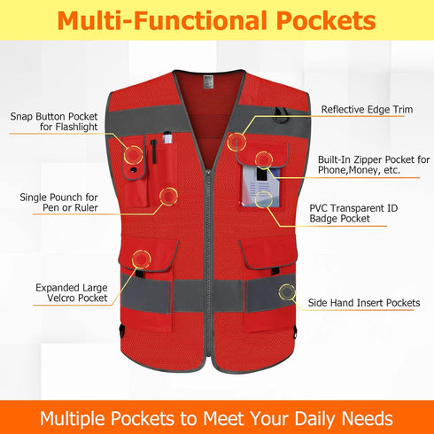 TCCFCCT Mesh Work Vest for Men Women High Visibility Safety Vest with 9 Pockets, Hi Vis Reflective (Red, 4X-Large)