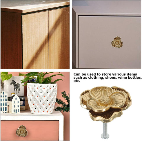 44x25mm Brass Cabinet Pull Handle with Camellia Flower Design, Decorative Dresser Drawer Knob for Wardrobe, Cupboard