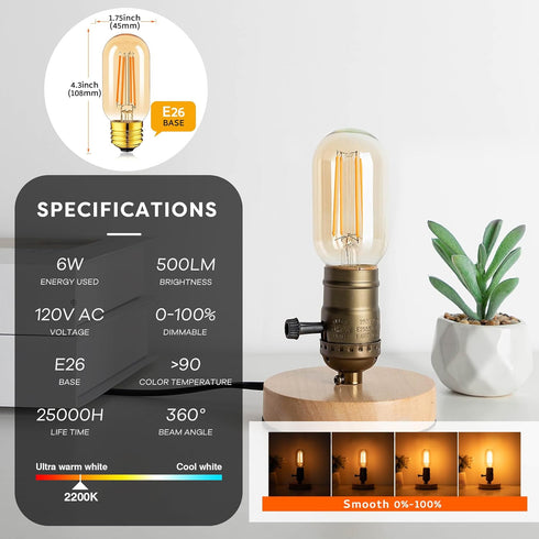 Amber Dimmable Tubular LED Bulb T45 Edison 60W Equivalent 6W 500lm 2200K Warm White, Pack of 2