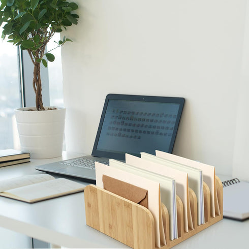 Bamboo Desk Mail Organizer, 5 Compartments File Holders, Countertop Paper Organizer for Home Office School