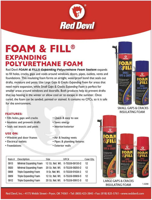 Red Devil 0920 Foam & Fill Small Gaps & Cracks Expanding Polyurethane Sealant, 20 oz, Off-White, Pack of 1 by Red Devil