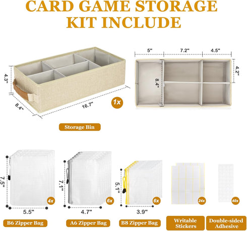 Card Game Storage Kit, Include Storage Box and 16pcs Mesh Zipper Bags, Organizer with Writable Stickers