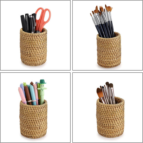 BTSKY Handmade Rattan Pen Cup, Multi-Functional Woven Basket, Desk Pencil Holders, Makeup Brush Holder, Office & Home