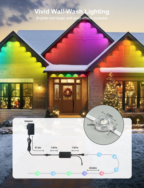 100ft 50 IP68 RGB+ IC Permanent Outdoor Lights, Eaves Lights with LED Lights, Waterproof, Music Sync with Remote