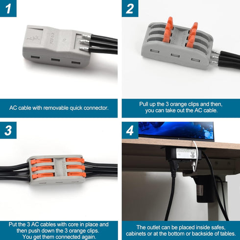 Litever 2 10 3-Prong Closet, Gun Safe Power Outlet Strip with USB Ports. FT Flat AC Cable with Removable Plugs. Outlet