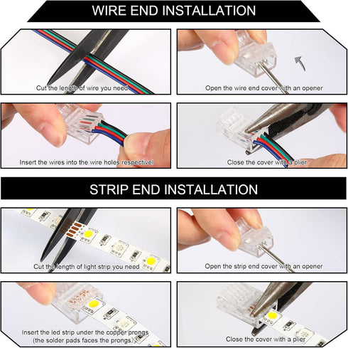 40 Packs LED Strip Connector 4 Pin, 10 mm LED Connectors for Strip Lights, Waterproof RGB Unwired Clips
