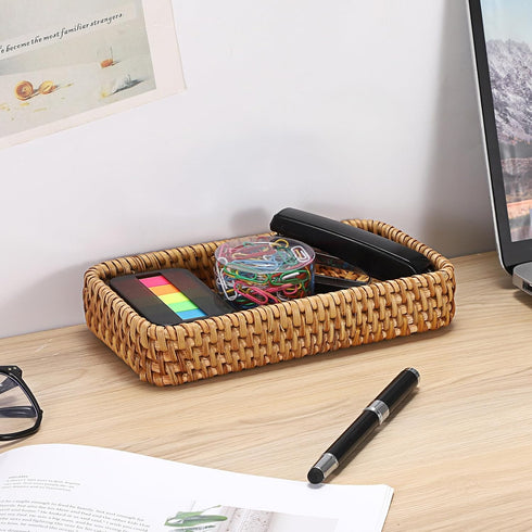 8.3 4.7 BTSKY Small Remote Basket for Coffee Table Entryway Living Room Rattan Serving Tray x Handwoven Wicker Baskets