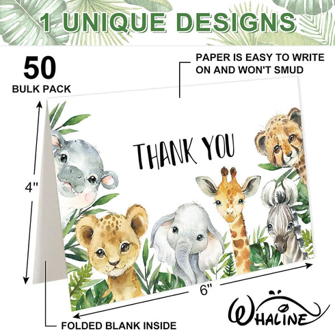 50 Pack Whaline Safari Jungle Thank You Cards with Envelopes Stickers Jungle Animal Greeting Cards Watercolor Forest