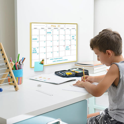 Dry Erase Monthly Calendar Whiteboard, 13"x 17" Gold Aluminum Frame, Magnetic White Board for Wall, Office, School, Home