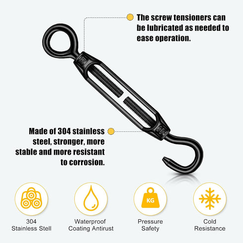 16 M6/5/4 304 Chumia Pcs Turnbuckle Hook and Eye Stainless Steel Heavy Duty Turnbuckle for Cables Wire Rope Tension Sun