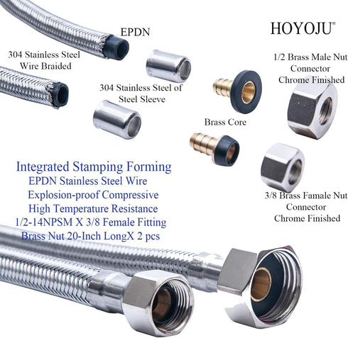 Braided Faucet Connector Supply Hose 1/2"-14NPSM Brass Nut X 3/8 Female Fitting, Stainless Steel Lead-Free 20-Inch Long