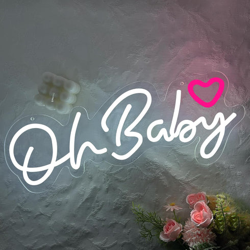 Dimmable Powered16.5"*6.9" Oh Baby Neon Sign for Backdrop,White LED Light Up Sign for Boy and Girl Baby Shower Gender