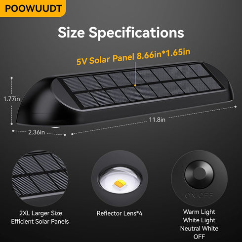 POOWUUDT 11.81inch 3-Mode (3000K/4000K/6000K),4 Improvement(4 Pack) Solar Fence Lights Outdoor Waterproof, LED