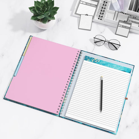 Rimilak Spiral Clipboard Folio with Refillable Lined Notepad, 14.5 x 9.8 Inch Teal Marble Clipfolio with 5 Pockets