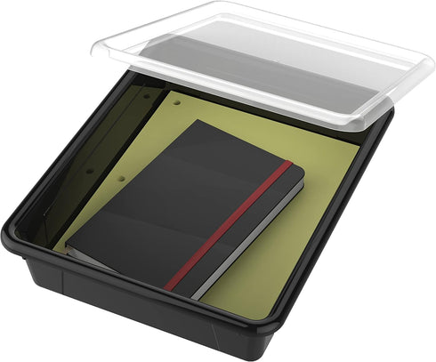 Storex Letter Size Flat Storage Tray Organizer Bin with Non-Snap Lid for Classroom, Office, Home, Black, 5-Pack
