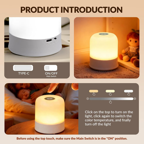 Cravonel 3 2400mAh, Dimmable Portable Baby Night Light, Color Egg Lights for Nursery, Small Rechargeable LED Lamp