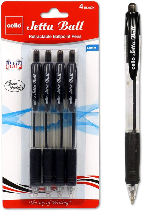 Cello Premium Medium Point Pens with Comfort Grip Control (Black Jetta Ball 4 Pack) by Cello
