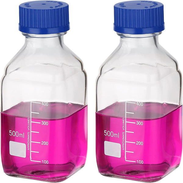 PATIKIL 2 Pack Reagent Media Storage Bottles, 500ml Borosilicate Glass Square Graduated Bottles with GL32 Cap
