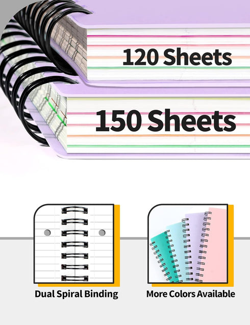 SUNEE 5 Subject Notebook College Ruled - 300 Pages, 8.2"x10.8", 5 Pocket Colored Dividers, 3-Hole Punched Paper, Purple