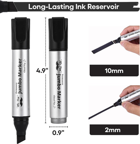 4 Pack, Mr. Pen- Jumbo Permanent Markers, Black, Chisel Tip, Wide Tip, Large, Thick Permanent Markers for Canvas