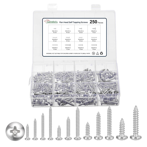 METALLIXITY Phillips Pan Head Self Tapping Screws(M3/M4/M5/M6) 250Pcs, 304 Stainless Steel Self Drilling