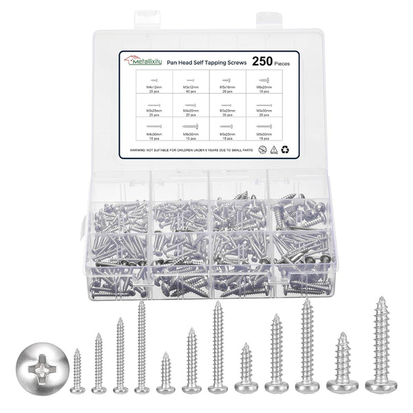 METALLIXITY Phillips Pan Head Self Tapping Screws(M3/M4/M5/M6) 250Pcs, 304 Stainless Steel Self Drilling