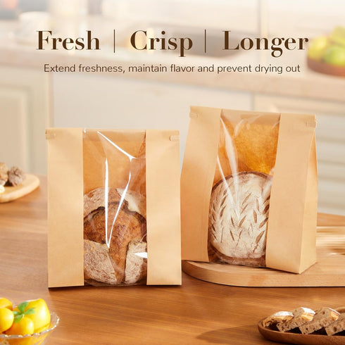 Foranda 50 Pack (8.3x3.513 Inches) Paper Bread Bags for Sourdough, Large Bread Bags with Tabs for Homemade Bread Round